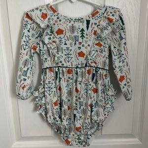 Mint Green Fall Fox Ruffle Butt Romper with orange leggings 12-18 months GUC